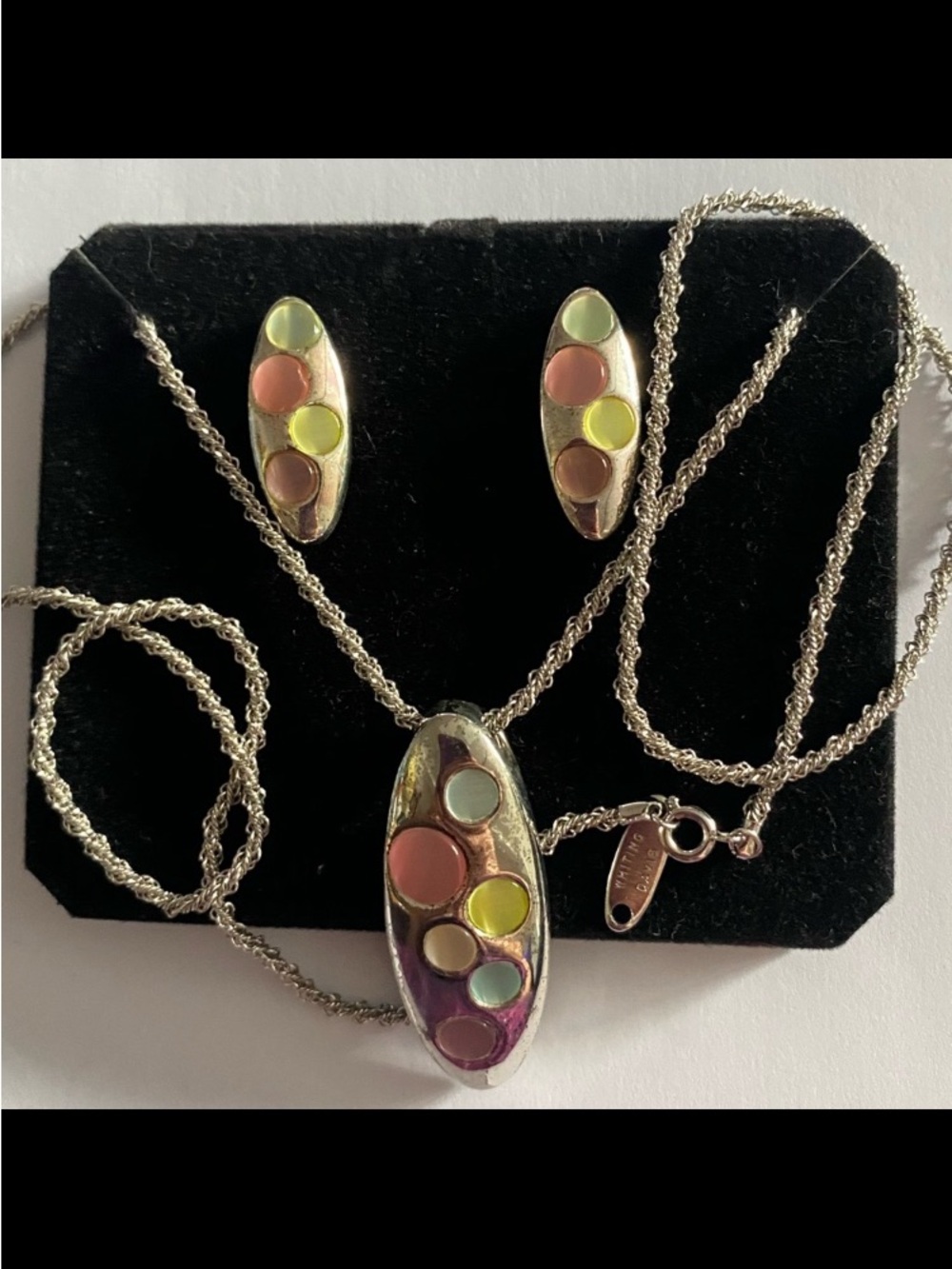Rare! Vintage Whiting Davis Silver Earrings Pendant & Intricately Woven Chain Se